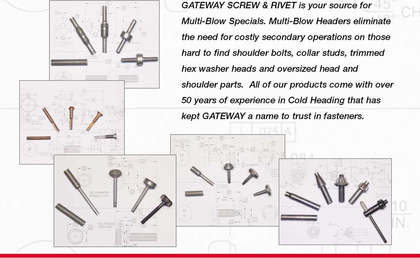 Multi-blow parts manufacturing guide showing part families and specifications available from Gateway Screw & Rivet